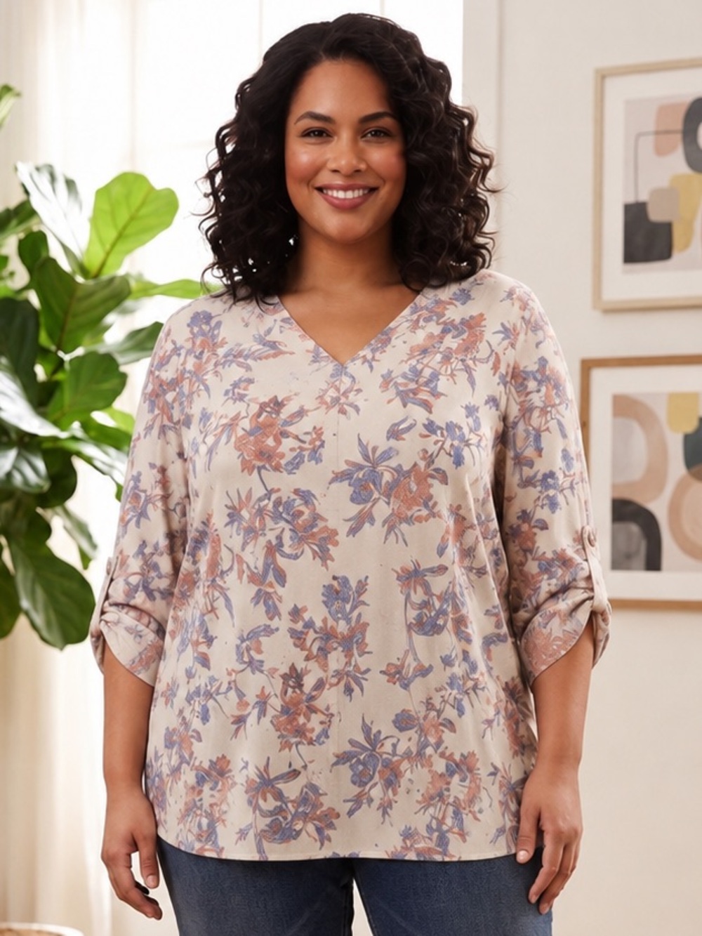 Nine West Cream Floral V-Neck Blouse XL Cream NWT